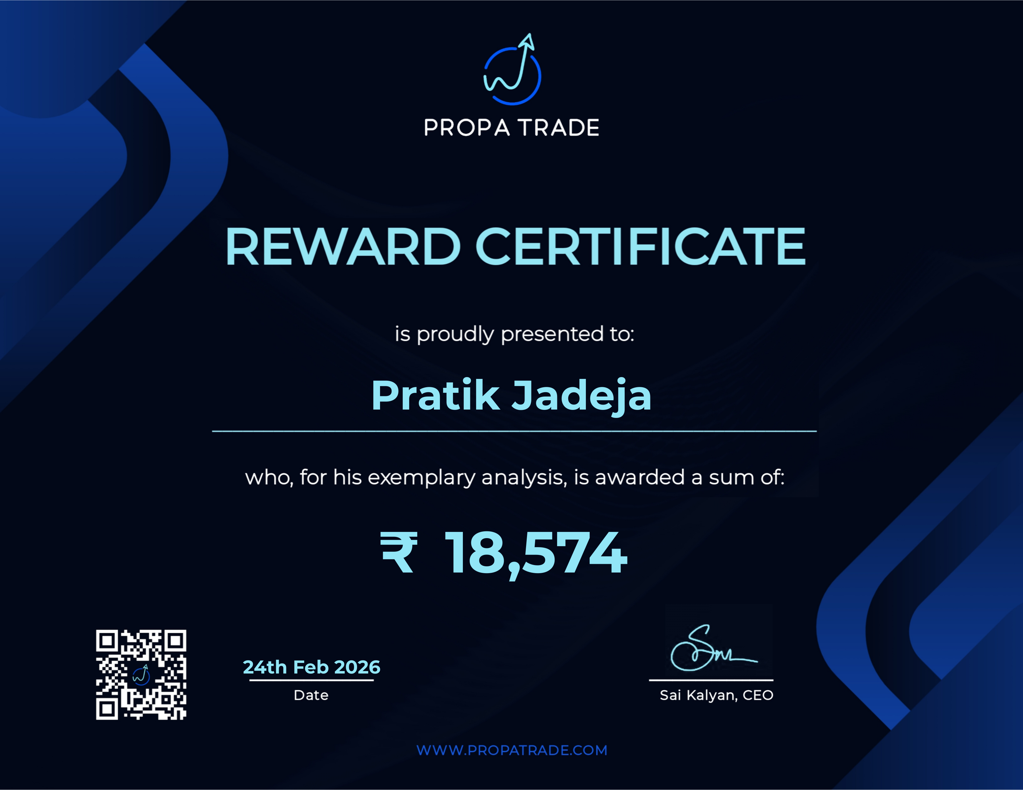 Reward Certificate - Pratik Jadeja